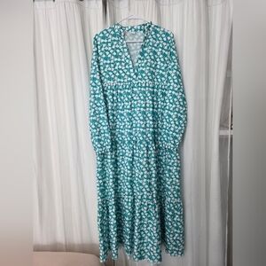 ​Teal & White Botanical Print Tiered Maxi Dress - Size S Long Sleeve Boho
